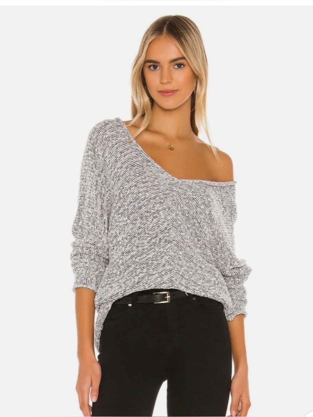Free People Marled Knit V-Neck Sweater - Gray
